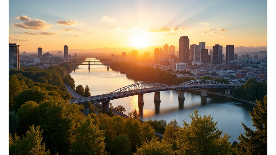 Panoramic view of the Portland cityscape with bridges and Willamette River, symbolizing community roots.