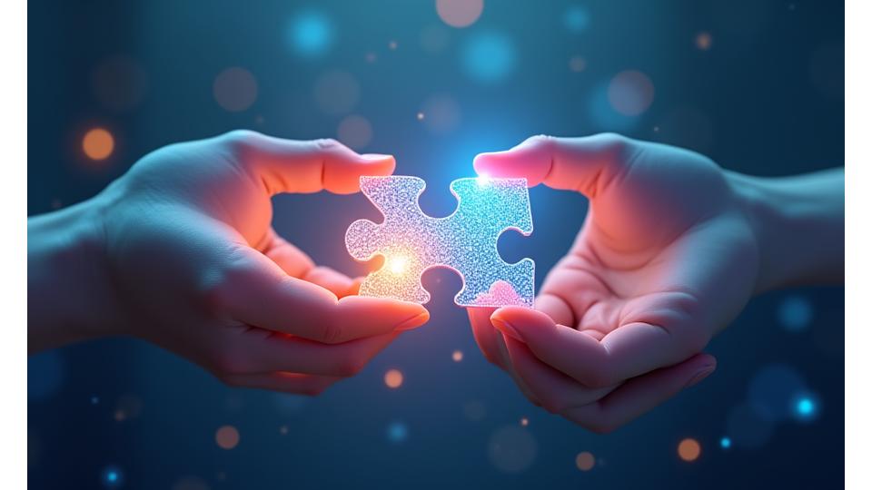 Two hands reaching to connect pieces of a digital puzzle, symbolizing collaboration and partnership in web development