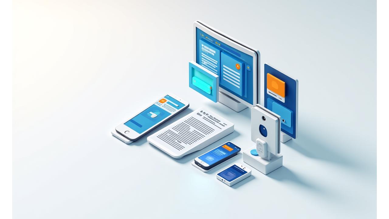A collage of various content formats: a blog post open on a tablet, a social media feed on a phone, a video play button, and a document icon, representing diverse content services.