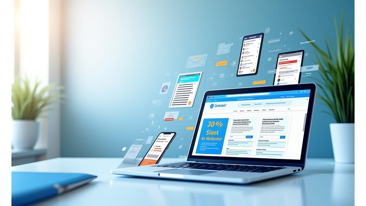 Visual representation of high-converting website content types, including a blog post, social media graphic, and email newsletter, showcasing engaging headlines and vibrant imagery.