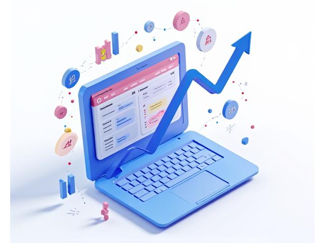 Illustration of a person optimizing content on a laptop, with SEO metrics and keyword clouds floating around, representing improved search visibility.