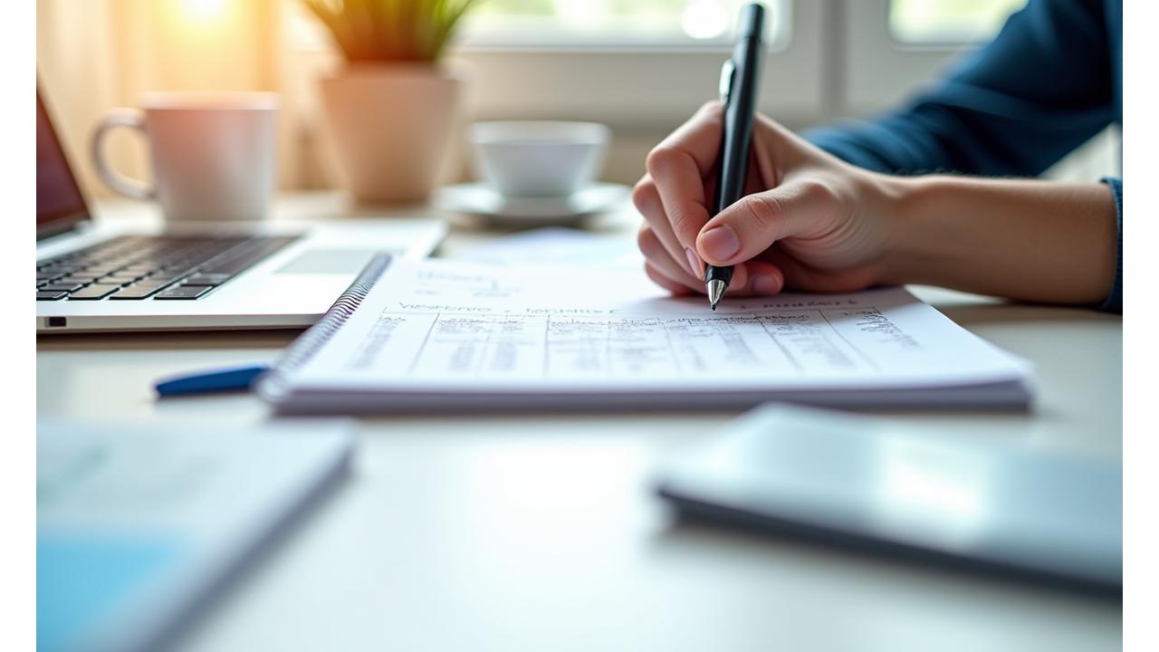 Close-up view of a hand writing on a notepad, surrounded by creative tools like pens, a laptop, and a brainstormed mind map, illustrating the process of professional copywriting.