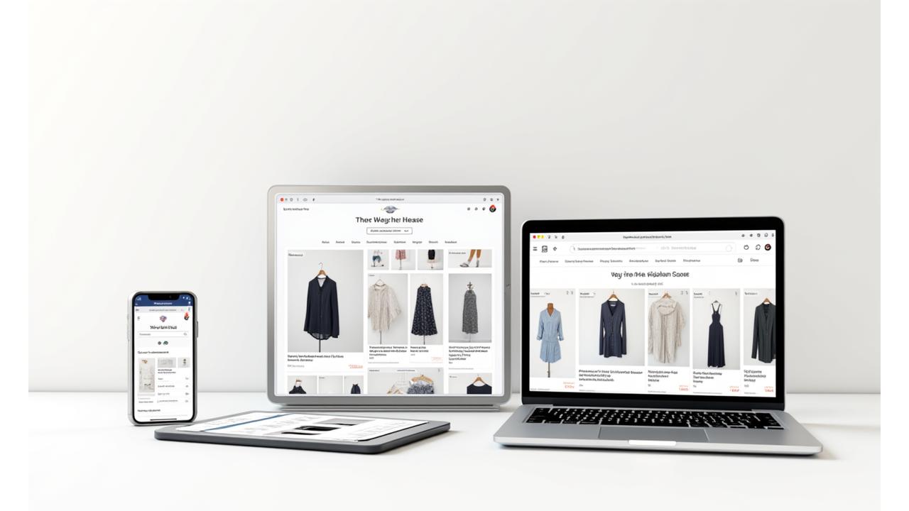 Responsive e-commerce website design displayed across a laptop, tablet, and smartphone