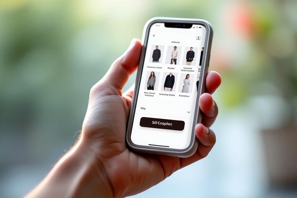 Smartphone displaying mobile e-commerce interface with products and shopping cart