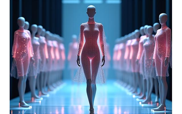 A virtual fashion runway displaying a collection of digital garments in an interactive 3D web environment.