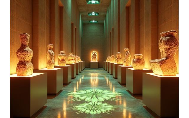 A user navigating through a virtual museum featuring interactive 3D exhibits and historical artifacts.