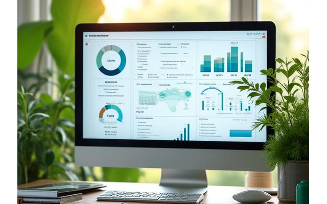 Green energy data visualization on a screen, with natural elements