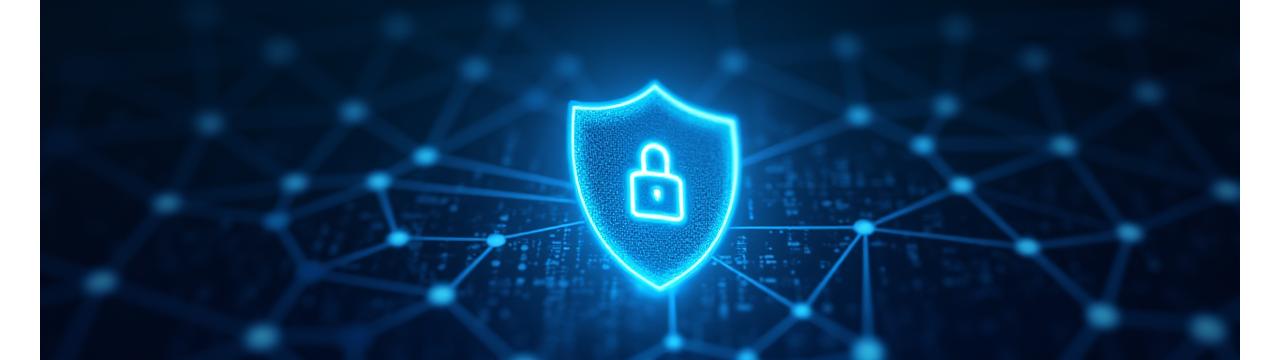Abstract graphic of interconnected data points forming a protective shield, symbolizing data privacy and security.