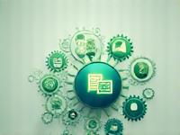 Icons representing efficient content management systems, like a gears and a document, with a green glow.
