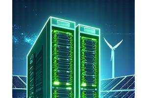 Illustration of servers powered by renewable energy sources like wind turbines and solar panels.