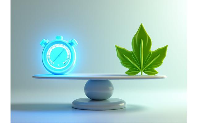 A balanced scale with a stopwatch on one side and a leaf on the other, symbolizing the equilibrium between website performance and environmental sustainability.