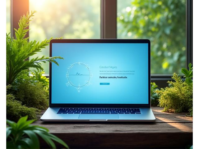 Clean, modern laptop displaying a minimalist website amidst lush green foliage, symbolizing eco-friendly web design. The laptop screen shows a subtle digital carbon footprint meter moving downwards.