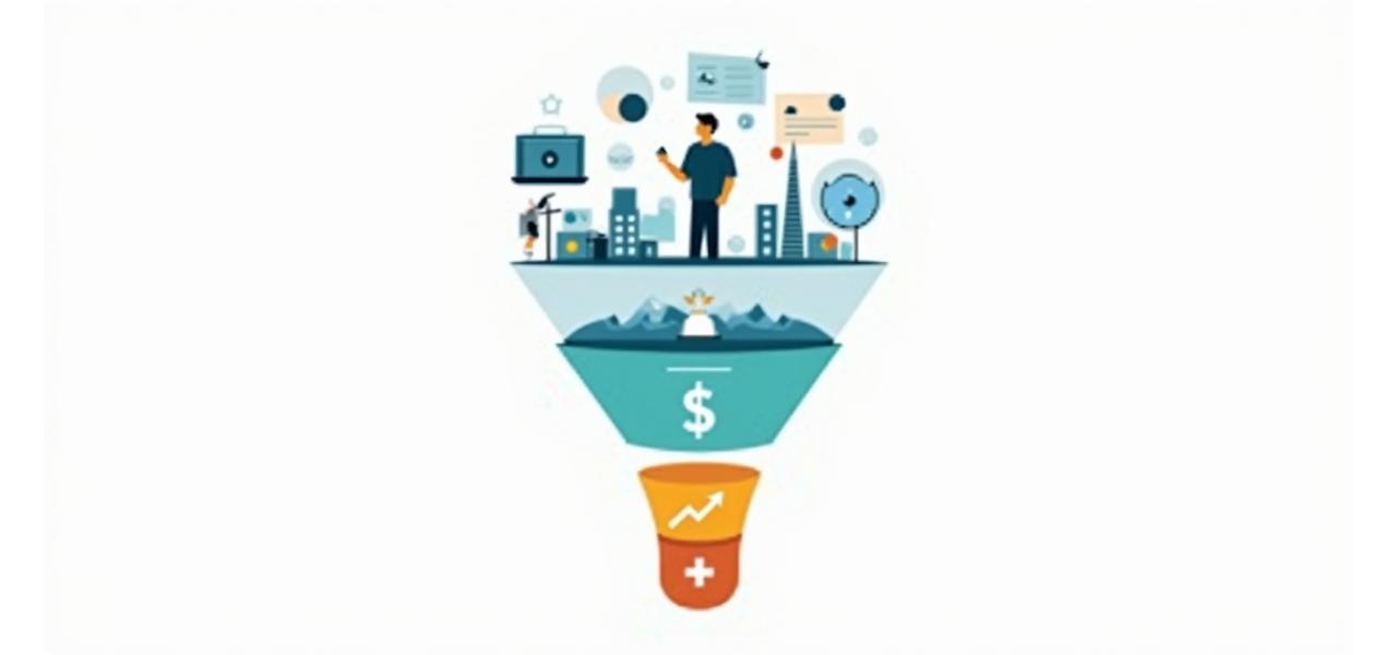 Illustration of a funnel with various digital elements representing conversion optimization steps from traffic to sales