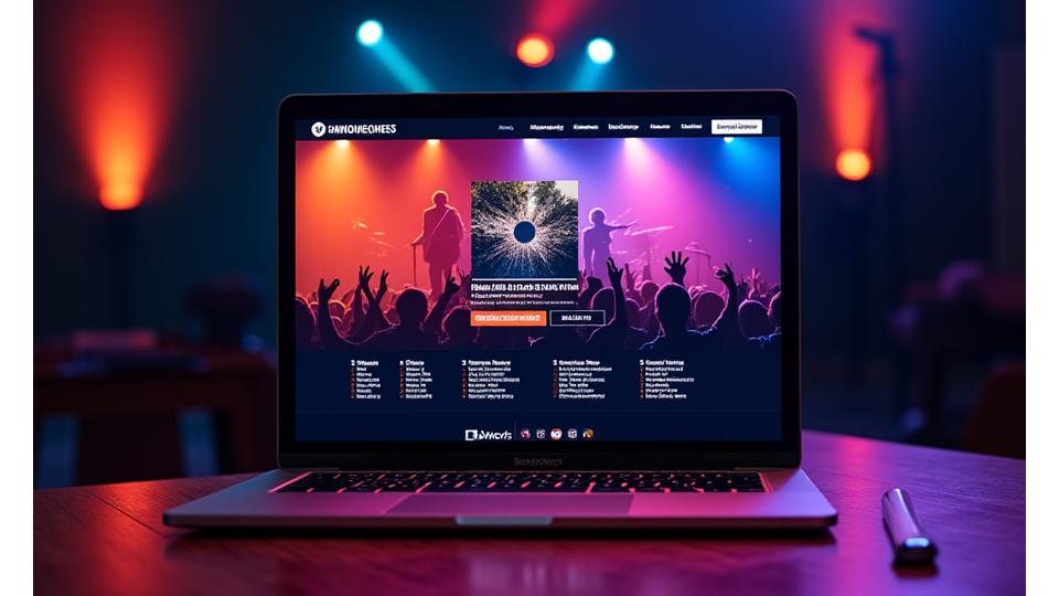A dynamic website interface for a band, featuring an integrated music player, upcoming tour dates, band member profiles, and links to merchandise. Vibrant and engaging design.