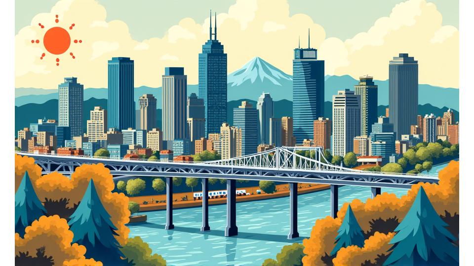 A vibrant collage or illustration representing Portland, Oregon's artistic community, perhaps with iconic local landmarks intertwined with creative elements like paintbrushes, musical notes, and cameras. Focus on community and collaboration.